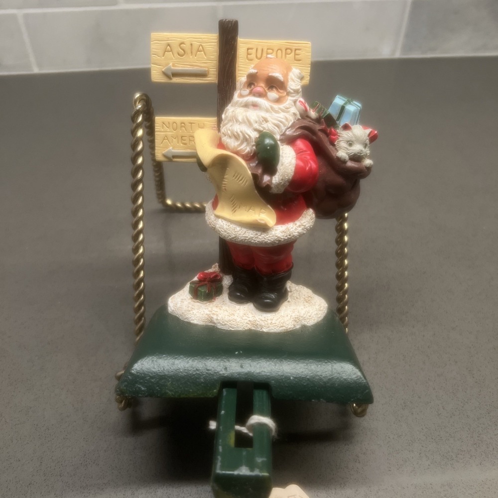 VTG 1960's Cast Iron Stocking Holder Santa Around World Traveling Map EUC